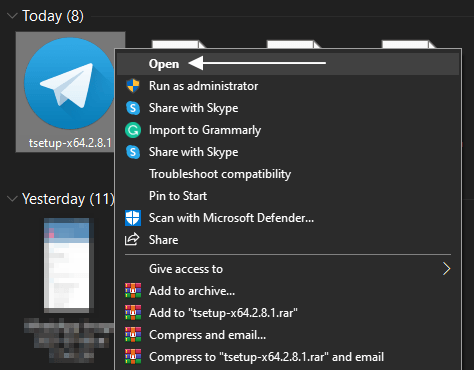 Klik kanan open install telegram desktop