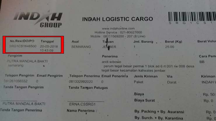 Contoh nomor resi indah cargo logistik