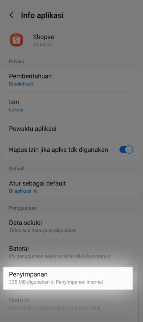 Tap dan tahan - tap icon informasi - penyimpanan