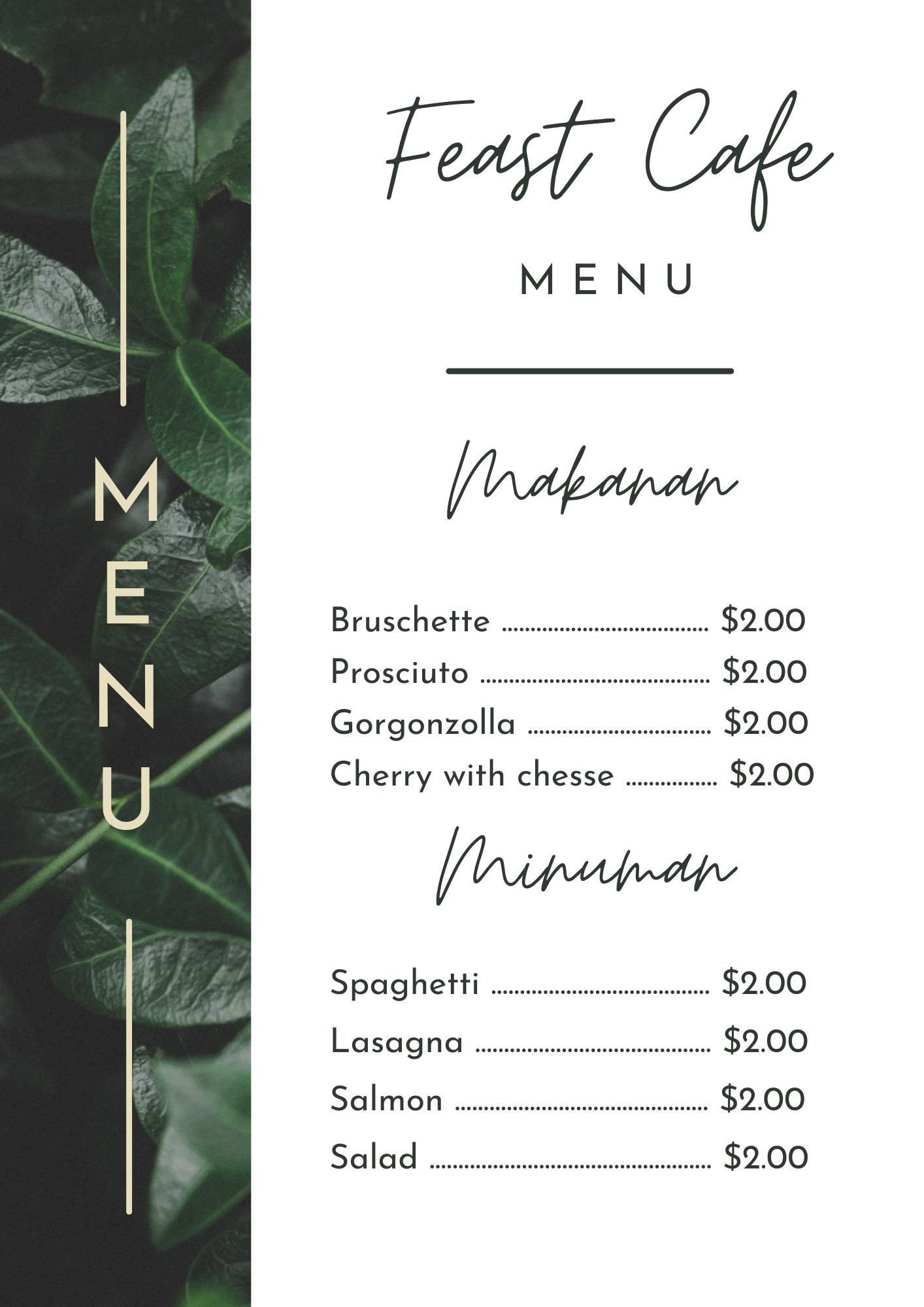 Contoh desain menu makanan - canva - green minimalist menu for restaurants