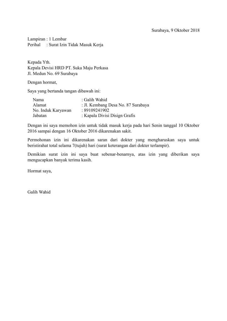 9 contoh surat izin tidak masuk kerja (sakit, kepentingan keluarga, dll) 1 Format surat izin sakit karyawan
