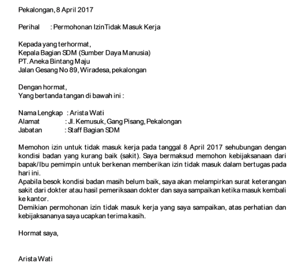9 contoh surat izin tidak masuk kerja (sakit, kepentingan keluarga, dll) 5 Format surat izin sakit dengan lampiran surat dari dokter
